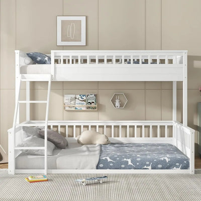 Low Bunk Beds Twin XL Over Queen Floor Bunk Bed with Ladder and Guardrail Wood Detachable Bunk Bed Frame for Boys, Girls, No Spr