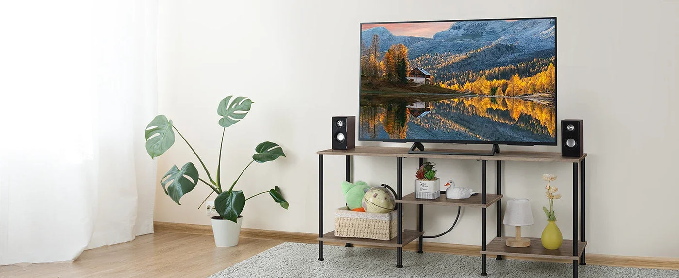 Farmhouse 50" TV Stand with Built-in Outlets & 3-Tier Storage - Multi-Room Media Console for 50/43/40/32" TVs, Rustic Grey