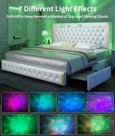 Queen LED Bed Frame with Galaxy Projector, Bluetooth Speaker, USB Ports, 4 Drawers, No Box Spring Needed, PU Black