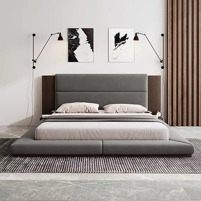 queen velvet upholstered bed frame with built-in side storage and extended wooden headboard