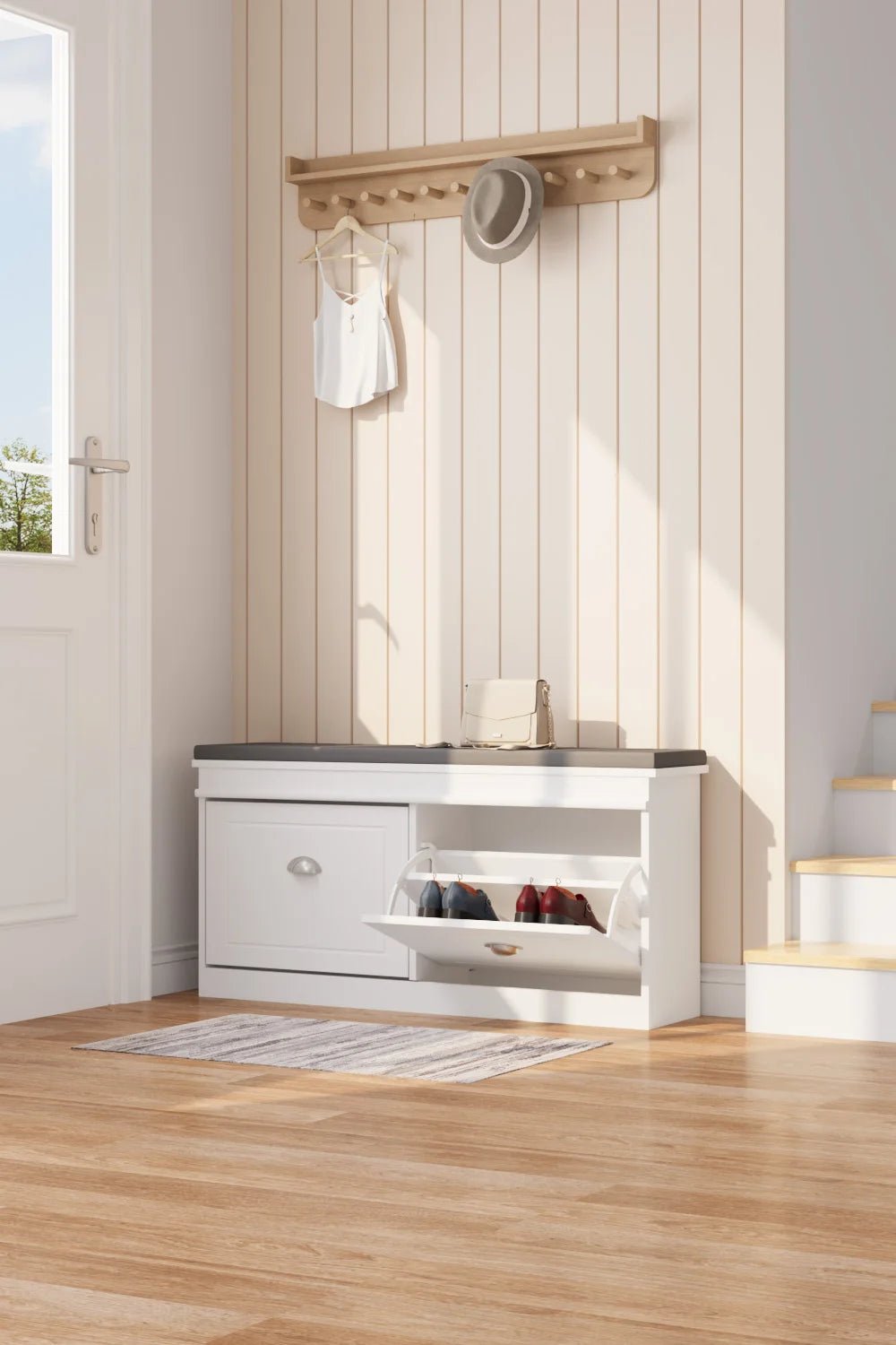 【Breeins】Flip Down Shoe Bench Cabinet, Shoes Rack Storage Organizer Shelf Home Decoration For Entryway