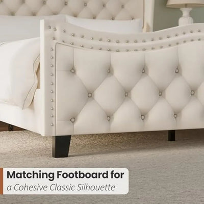 Cream Queen Size Upholstered Platform Bed Frame with 50'' Tall Velvet Tufted Curved Wingback Headboard, Wooden Slats, Noise-Free