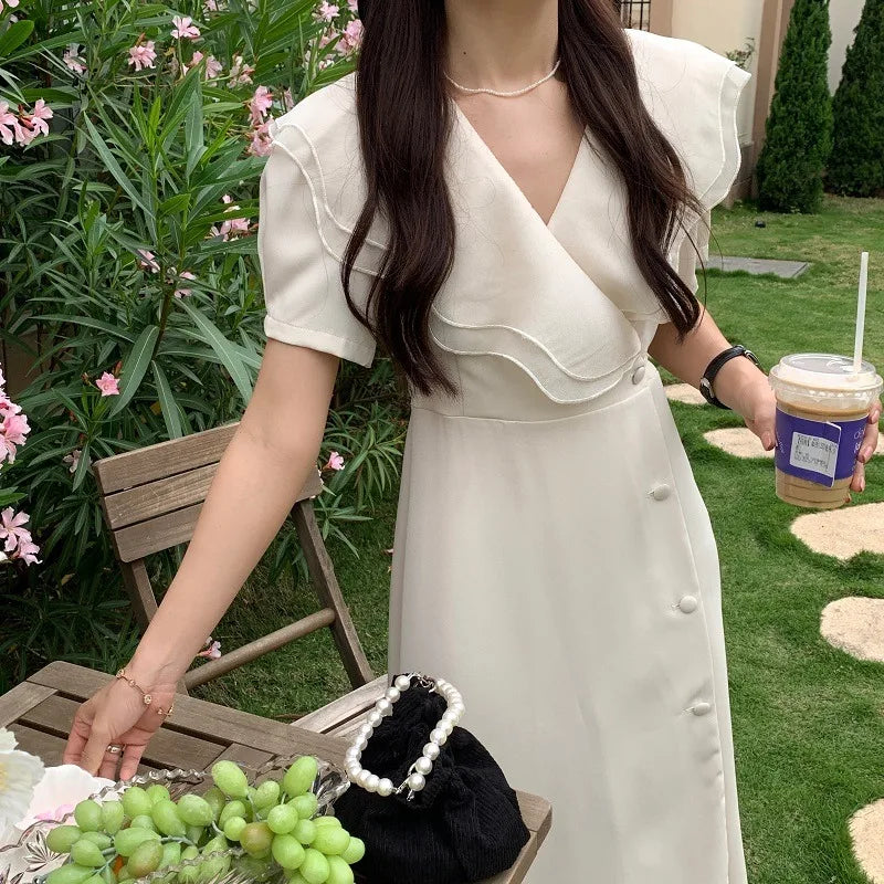 Women Summer Vintage Long Wrapped Dress 2024 New Female Double Layer Ruffled Collar Lacing Up Slim Waist Sundress