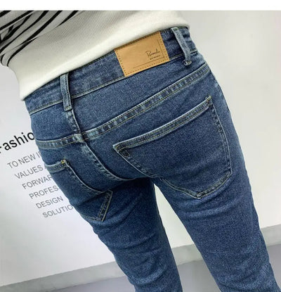 New Men's Slim Denim Jeans Casual Spring and Autumn Stretchy Skinny Pants Korean Style Trendy Cowboy Hip Hop Cropped Trousers