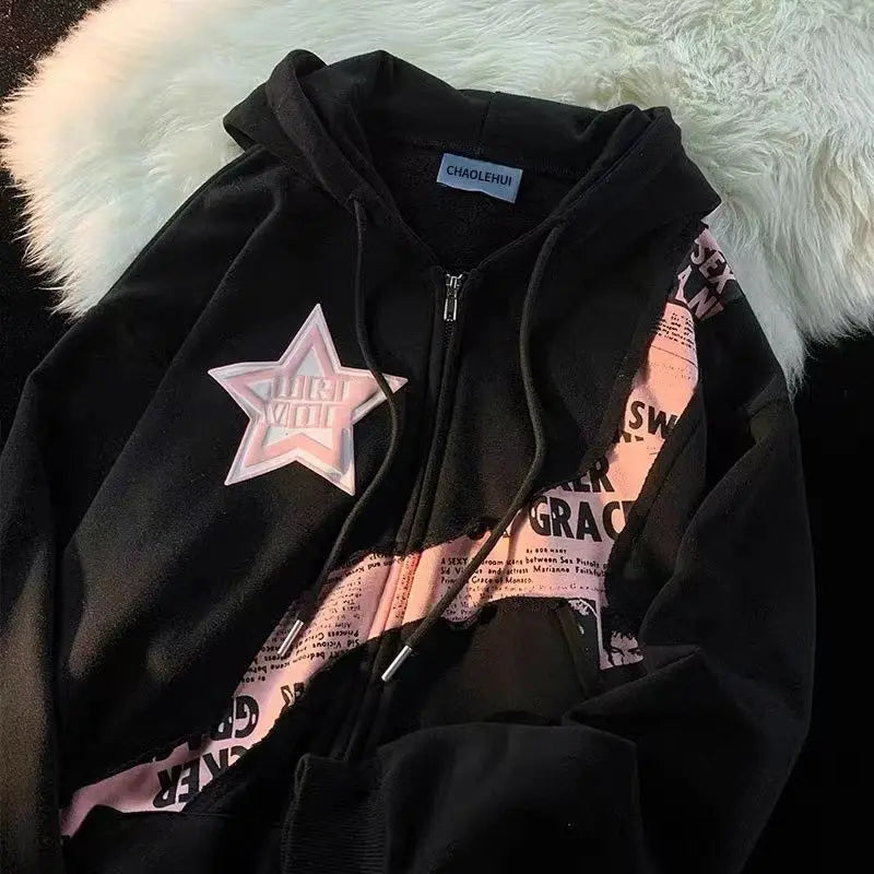 Harajuku High Street Star Letter Printed Patchwork Cardigan Sweatshirt Women Spring Autumn Zip Jacket Y2k Streetwear Hip Hop New