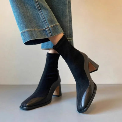 Women's New Winter Thick Heel Cotton Boots Square Head Splicing Suede Back Zipper Anti-slip Wear-resistant Short Boots
