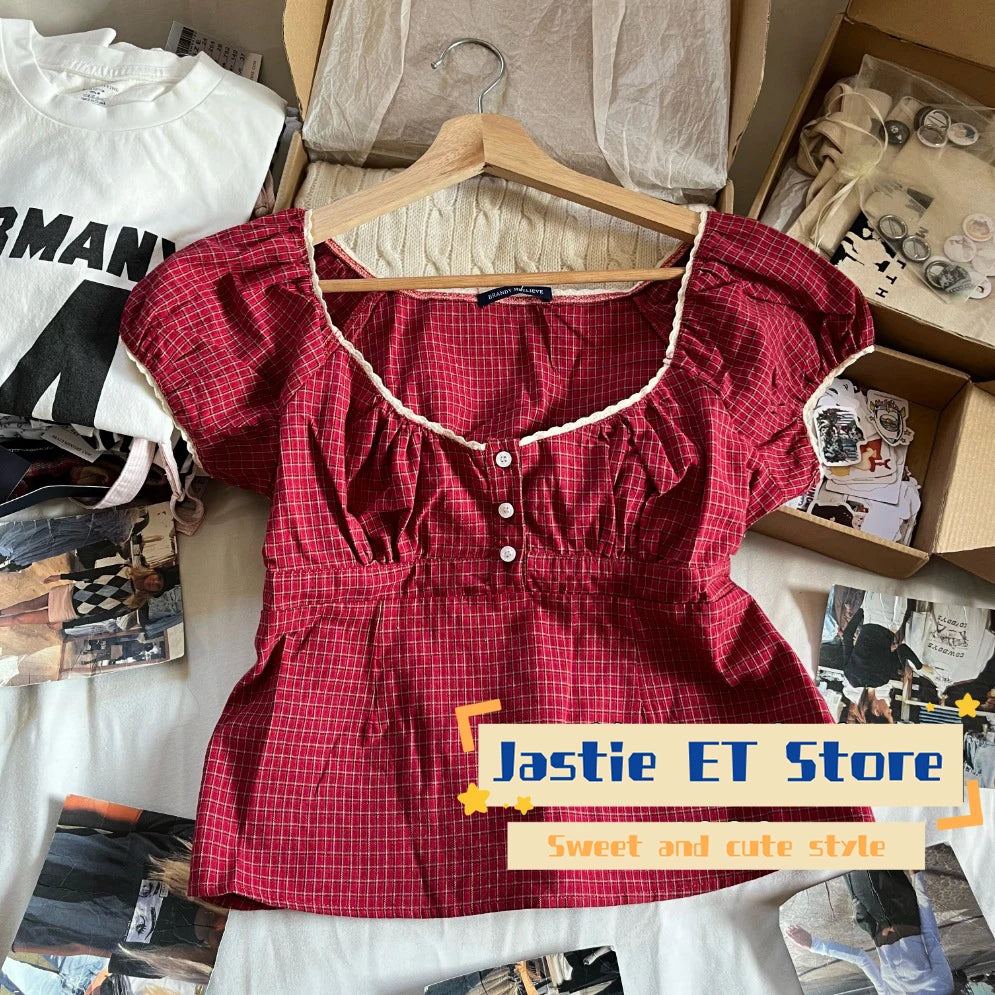 Lace Three-button Plaid Puff Sleeve Short Sleeve T-shirt Women's Summer Sweet Preppy Style Slim Shirt V-neck Short Tops Y2k