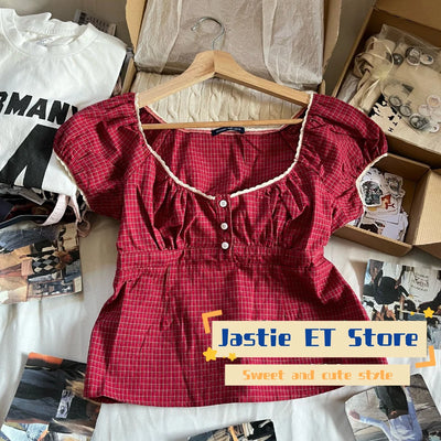Lace Three-button Plaid Puff Sleeve Short Sleeve T-shirt Women's Summer Sweet Preppy Style Slim Shirt V-neck Short Tops Y2k