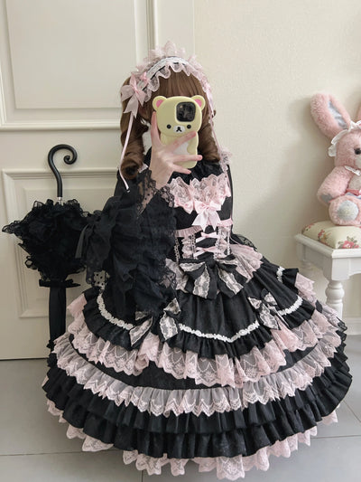 Original Lolita Dress Set Doll Feeling Girl Women's Sweet Jsk Suspender Dress Princess Fairy Lace Bow Sling Cake Dresses