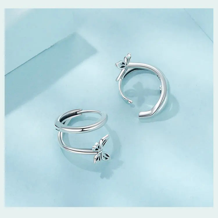 WOSTU Real 925 Sterling Silver Original Butterfly Hoop Earrings Oxidation For Women Wedding Party Daily Gift DIY Fine Jewelry