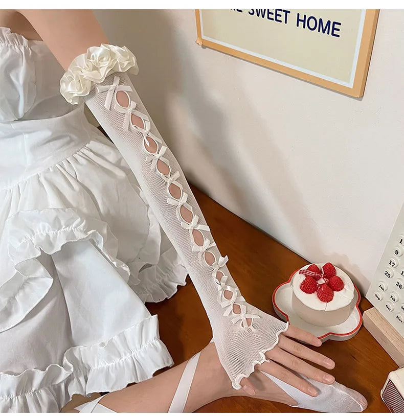 Sexy White Hollow Satin Bow Lace Gloves Lolita Bride Thin Sun Protection Arm Sleeves Women Summer Fingerless Sunscreen Mittens