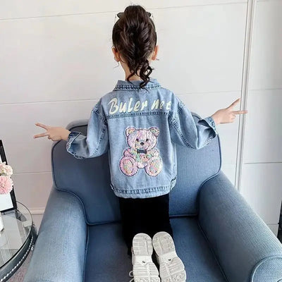 3 4 6 8 10 12 Years Teen Girls Denim Jacket Spring New Fashion Bear Sequin Cowboy Coats For Girls Children Outwear Birthday Gift