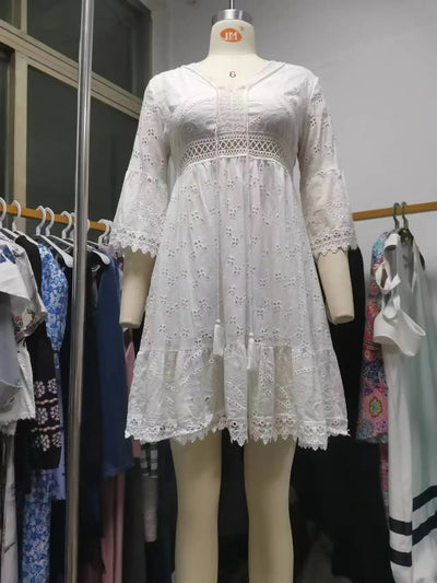 Women Elegant White Hollow Lace Mini Dress Summer V-neck Patchwork Lace Up Three Quarter Sleeve Ladies Vacation Beach Dresses