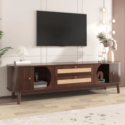 Modern Fluted TV Stand for 75" TVs – Mid-Century Entertainment Center with Tambour Door & Rattan-Fronted Media Console