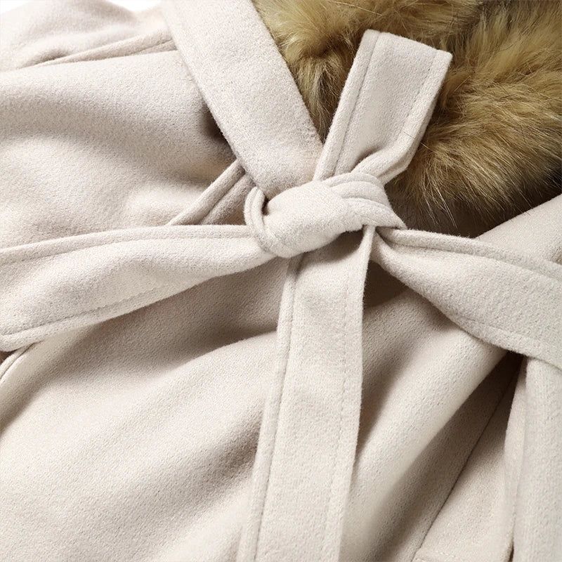 Elegant Fur Lapel Long Coat Women With Belt Woolen Full Sleeve Lace Up Loose Thicken Overcoat 2025 Spring Solid Pocket Outwear