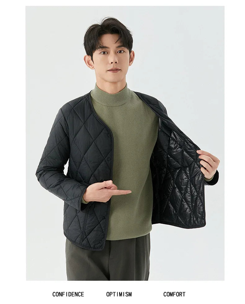 Men's Winter New Lightweight Single-breasted Padded Jacket with Pockets, Young Man Solid Color Argyle Casual Warm Padded Jacket
