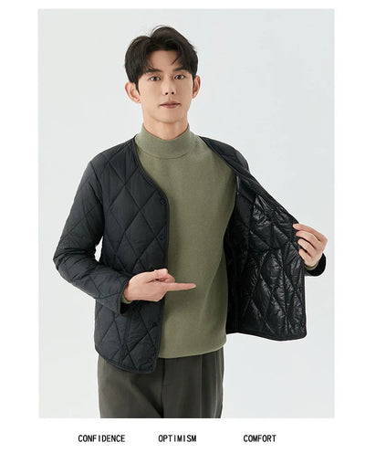 Men's Winter New Lightweight Single-breasted Padded Jacket with Pockets, Young Man Solid Color Argyle Casual Warm Padded Jacket