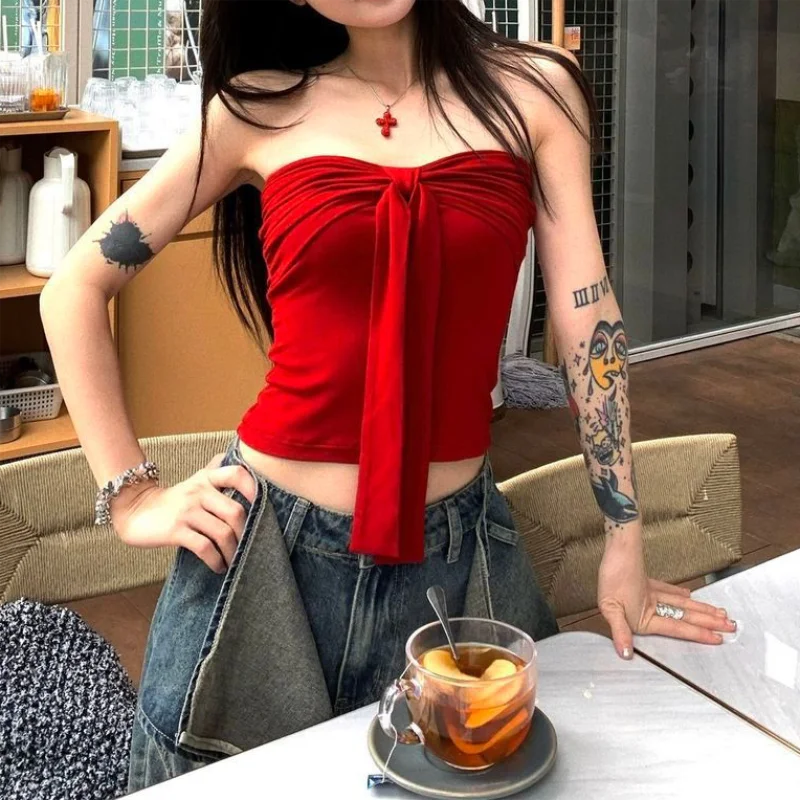 Sleeveless Tank Top for Women Summer Slim Bow Crop Top Sexy Skinny Tube Tops Fashion Clothing Streetwear Girl