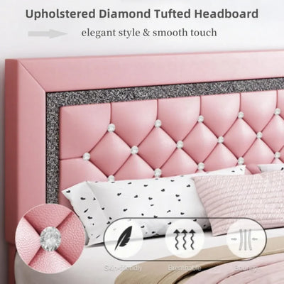 Frame with Tufted Button Headboard, Upholstered Platform Bed Frame with Diamond Design, Wood Slat Support