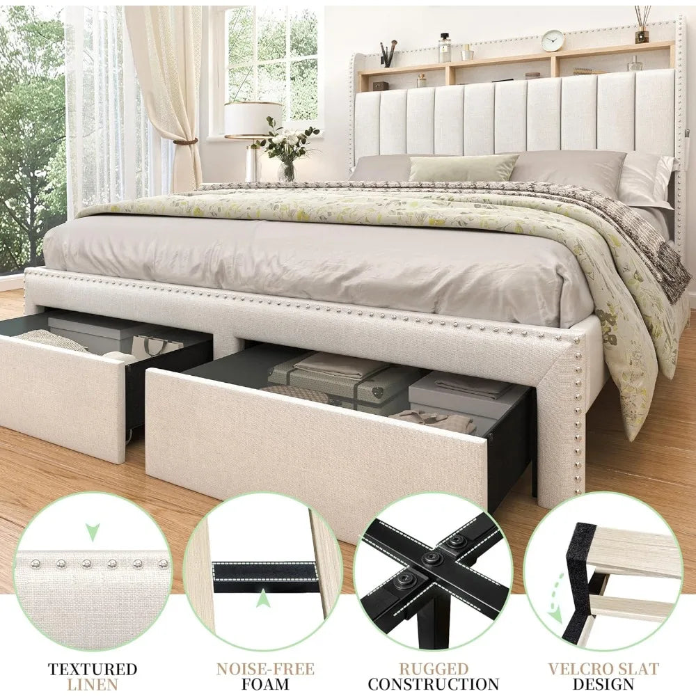 Queen LED Bed Frame with 2 Drawers, Modern Platform Beds with 2 Tier Linen Upholstered Storage Wingback Headboard, Channel
