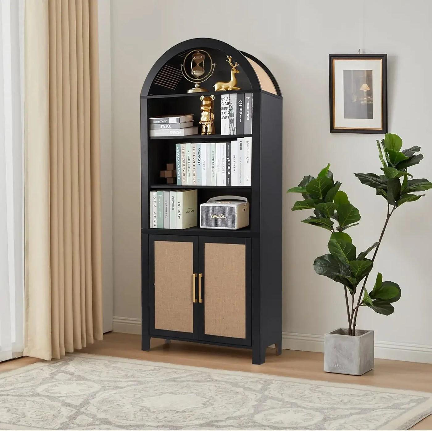 71" Tall Arched Bookcase with Storage, Modern 6-Tier Arched Cabinet with Door,Arched Bookshelf Cabinet with Open Display Storage