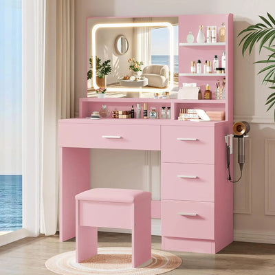 Makeup Vanity Desk, White, 35.4'Wx15.7'Dx53.9'H (Samrt LED Mirror, Open Shelves, with Cushion Stool, 4 Drawers, Hairdryer Rack,
