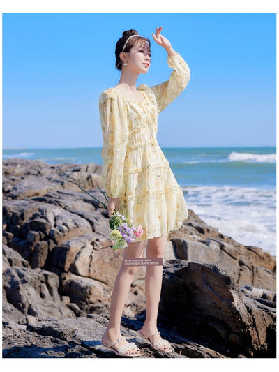 2025 Spring New Arrival Women's Spring Floral Dress Silm Fashion Waist-Controlled Long Sleeves Seaside Vacation Chiffon Skirt