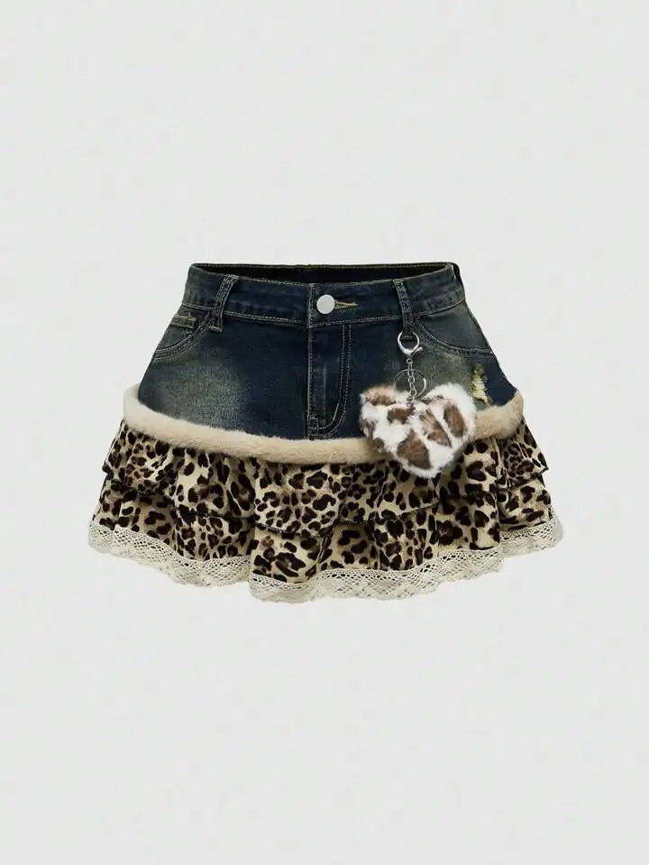 Harajuku Subculture Denim Leopard Print Splicing Y2k Skirt Kawaii Gothic Mini Pleated Skirt Casual Retro Streetwear Skirts Women