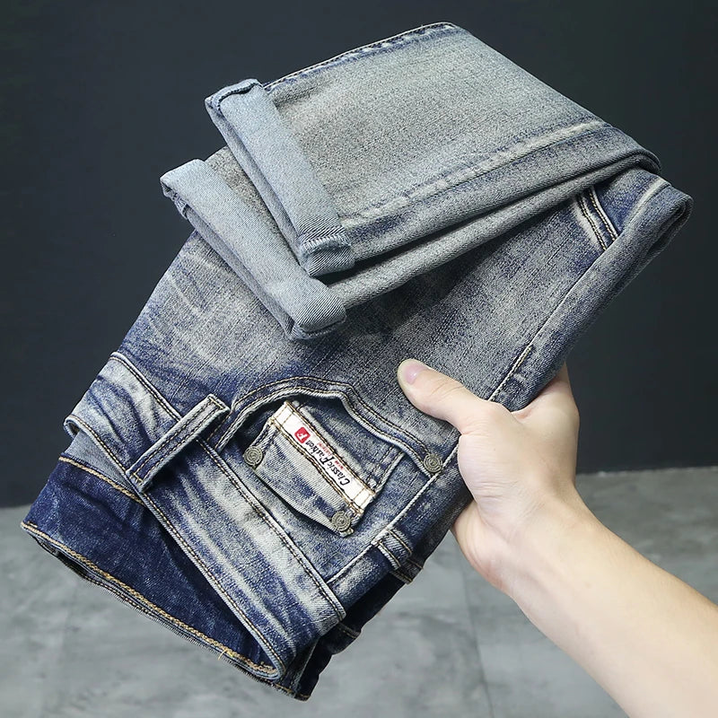 Retro Men's Jeans Slim Elastic Spliced zipper Skinny Pencil Trousers Harajuku Hip-hop Rock Motorcycle Denim Pants Streetwear