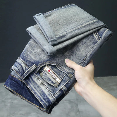 Retro Men's Jeans Slim Elastic Spliced zipper Skinny Pencil Trousers Harajuku Hip-hop Rock Motorcycle Denim Pants Streetwear