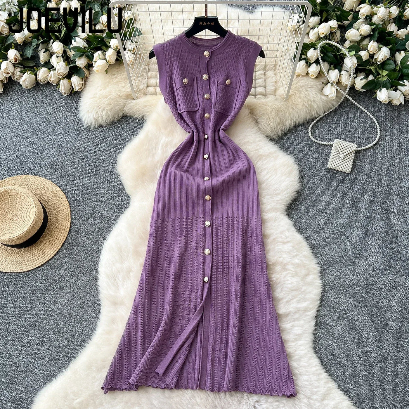 Women's Round Neck Sleeveless Dress Single-breasted Chic Elasticated Waist Slim Long Skirt   New High Quality Knitted Dress