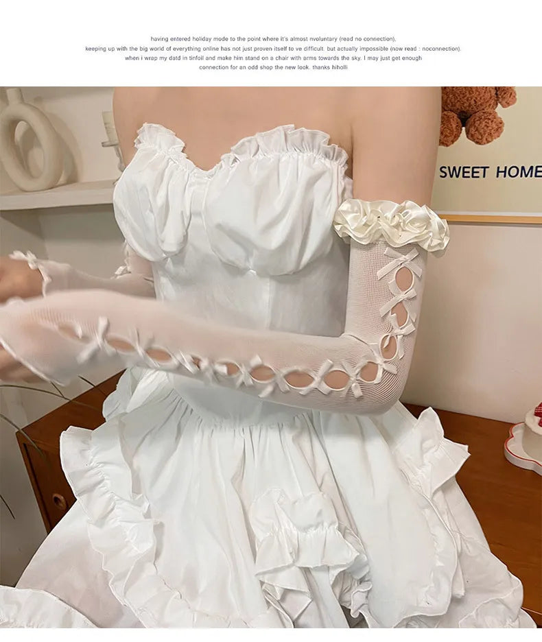 Sexy White Hollow Satin Bow Lace Gloves Lolita Bride Thin Sun Protection Arm Sleeves Women Summer Fingerless Sunscreen Mittens