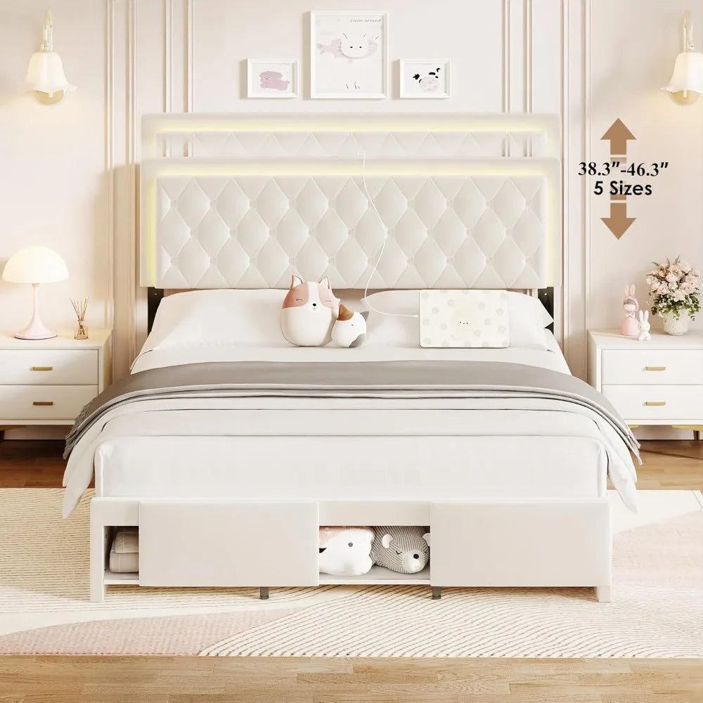 Queen Size Bed Frame with Storage, LED Bed Frame Queen with Adjustable Headboard, Upholstered Velvet Platform Queen Bed Frames