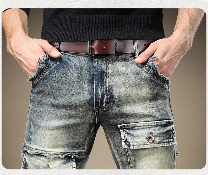 2024 Men's Jeans Stretch Vintage Washing Drak Blue Denim Pants Autumn Summer Luxury Street  Hip-Hop Style Slim Fit Men Trousers