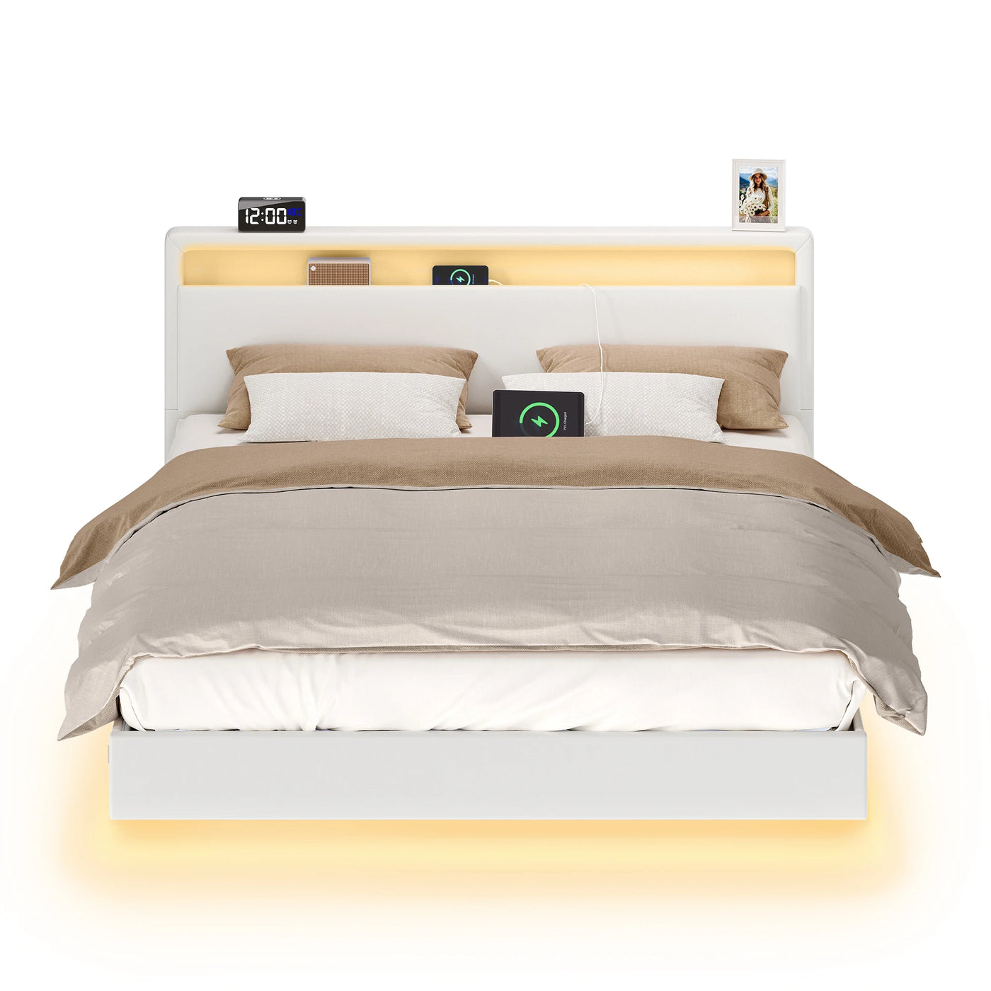 VASAGLE Modern Floating Bed Frame Adjustable LED Lights High Headboard Queen Size Upholstered Bed with Charging Station
