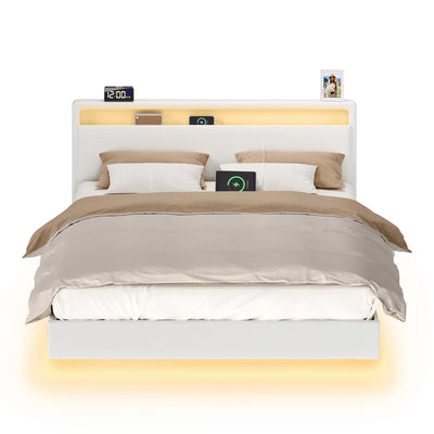 VASAGLE Modern Floating Bed Frame Adjustable LED Lights High Headboard Queen Size Upholstered Bed with Charging Station