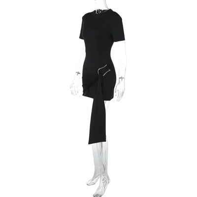 Chaxiaoa Short Sleeve Draped Sexy Mini Dress for Women Black Metal Buckle O Neck High Waist Bodycon Club Dress Vestido Clothes
