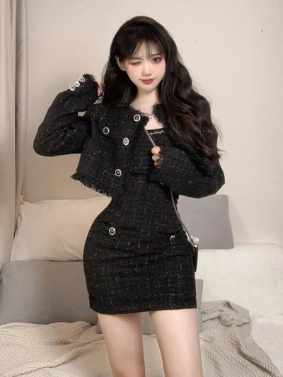 Korean Fashion Short Coat Autumn/Winter New Strap Camisole Dress Wrap Hip Slim Mini Dress Spicy Girl Two Piece Set Women Outfits