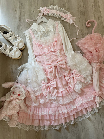 Original Lolita Dress Set Doll Feeling Girl Women's Sweet Jsk Suspender Dress Princess Fairy Lace Bow Sling Cake Dresses