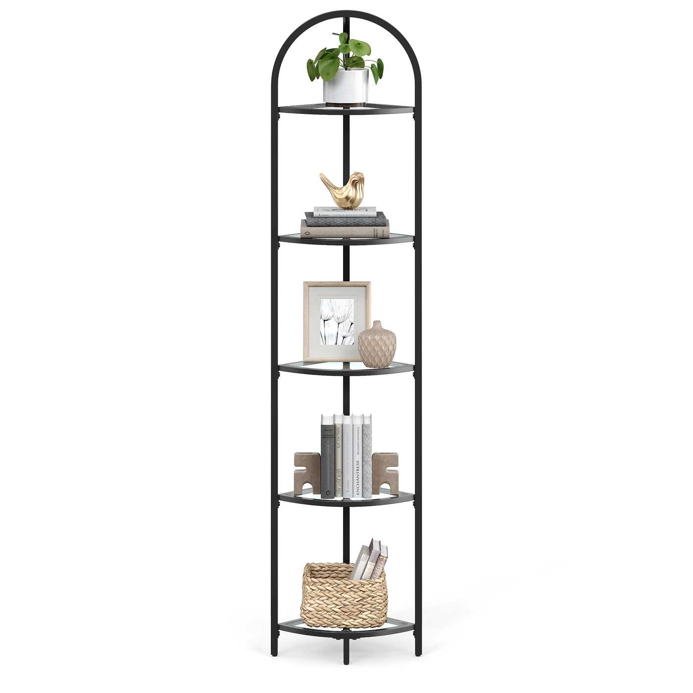 VASAGLE Corner Shelf, 5-Tier Plant Stand, Freestanding Glass Shelf Tower, High Storage Shelves for Living Room, Bathroom
