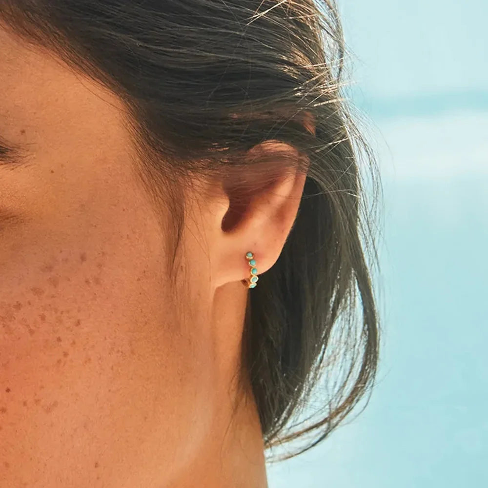 ROXI Natural Turquoise Stone Hoop Earrings For Women Small Circle Body Piercing Girl 925 Sterling Silver Stud Earring Jewelry