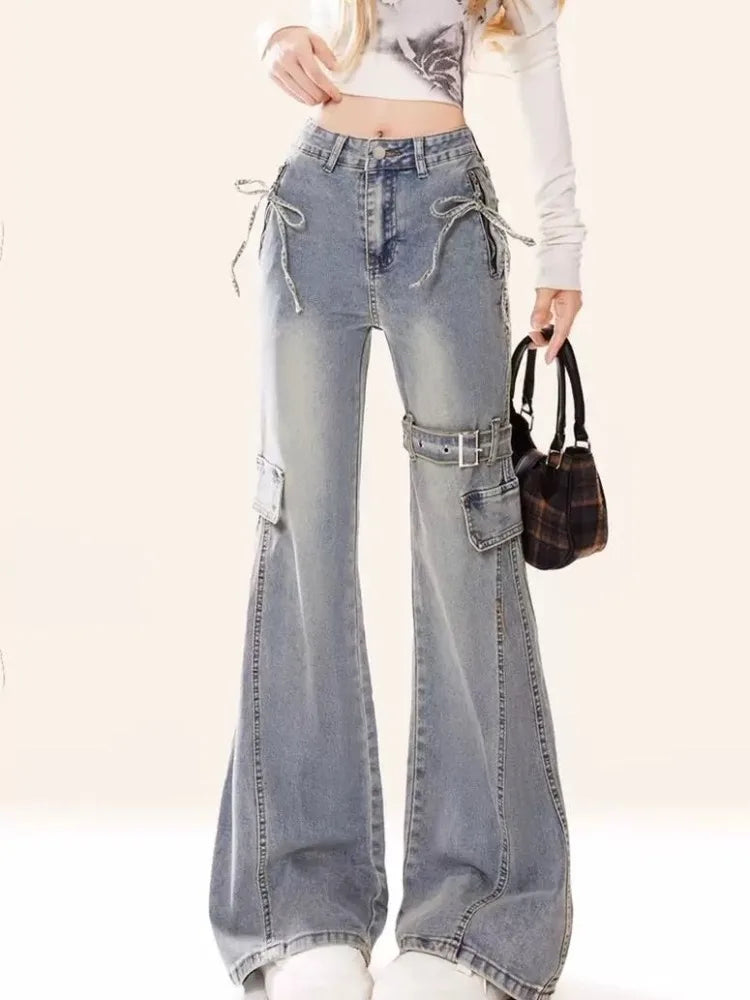 Y2K Patchwork Cargo Jeans Women High Waist Flared Denim Pants Buckle Strap Lace-Up Design Streetwear Retro Bell Bottom Trousers
