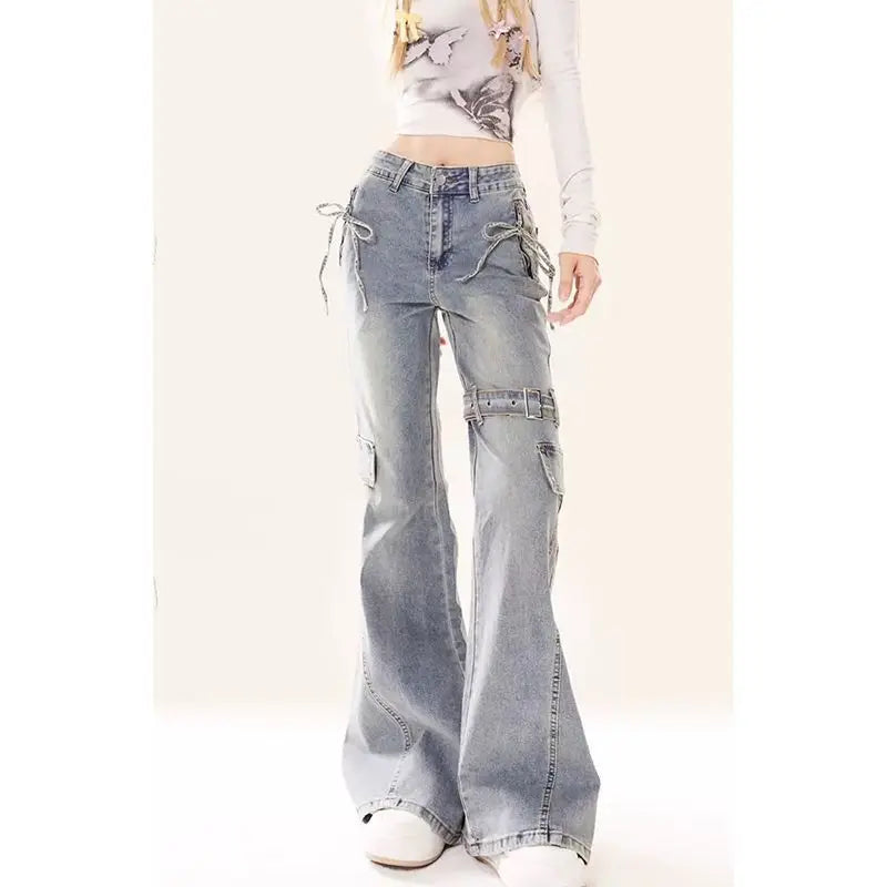 Y2K Patchwork Cargo Jeans Women High Waist Flared Denim Pants Buckle Strap Lace-Up Design Streetwear Retro Bell Bottom Trousers