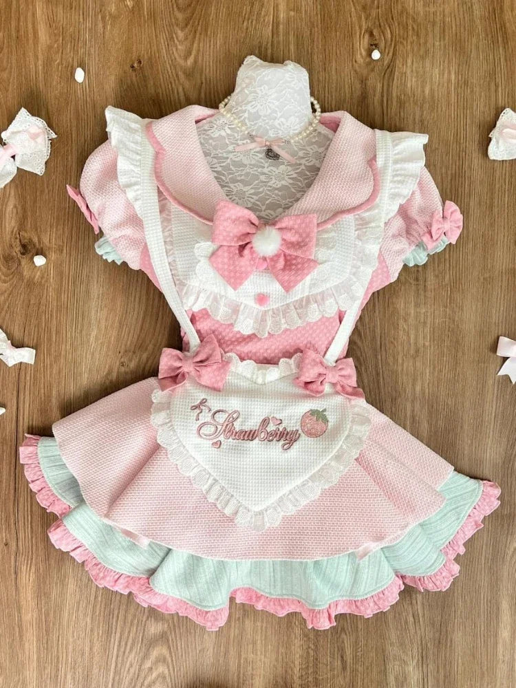 Japanese Sweet Preppy Style 2 Piece Set Women Kawaii Lace Patchwork Bow Tops + Y2k Plaid Mini Skirt Elegant Fashion Outifits New