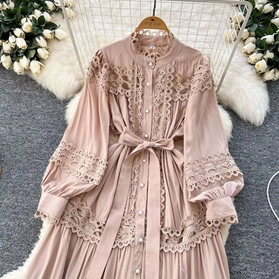 Elegant Long Maxi Hollow Out Dress Shirt Women Summer Autumn Palace Retro Pearl Button Embroidery Crochet Evening Party Vestidos