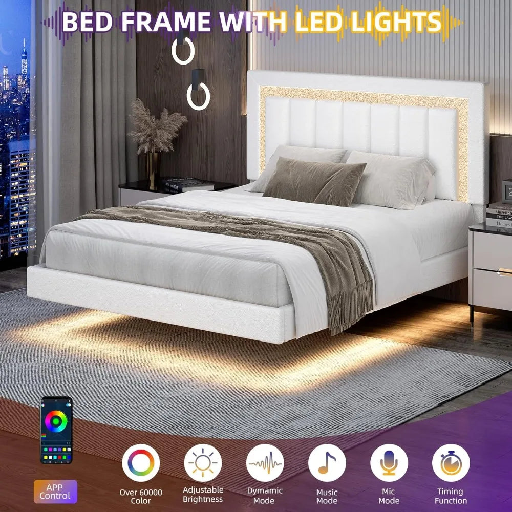 Floating Bed Frame Full with Smart LED Lights, Faux Leather Upholstered Platform Bed with Diamond PU Headboard,