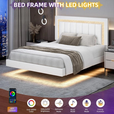 Floating Bed Frame Full with Smart LED Lights, Faux Leather Upholstered Platform Bed with Diamond PU Headboard,
