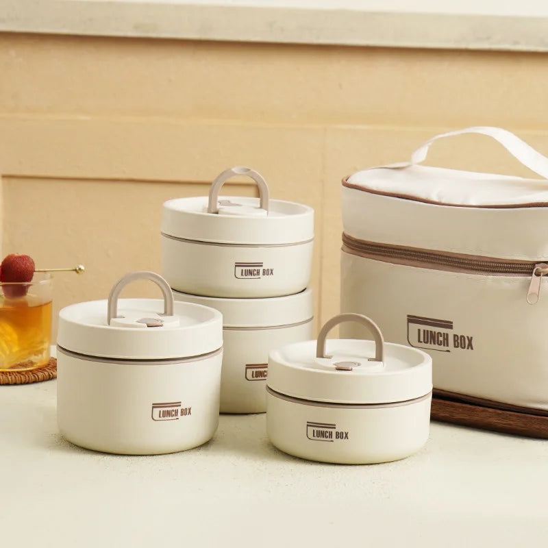Portable Thermos 304 stainless steel insulated lunch box leakproof sealed bucket student lunch box multi-layer Round bento box