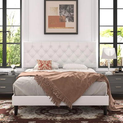 Allewie Queen Size Platform Bed Frame, Adjustable Faux Leather Headboard with Diamond Stitch and Button Tufted, Sturdy Wood Slat