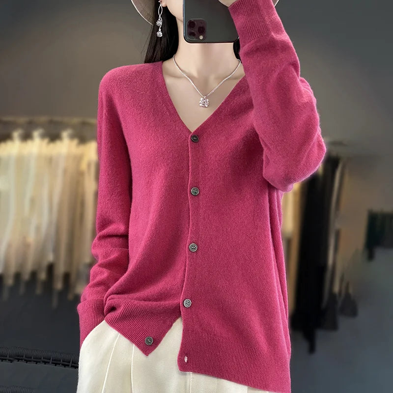 Spring Autumn Women 100% Merino Wool Cardigan Soft V-Neck Cashmere Sweater Buttoned Knitwear Casual Clothing Korean Style Shirt